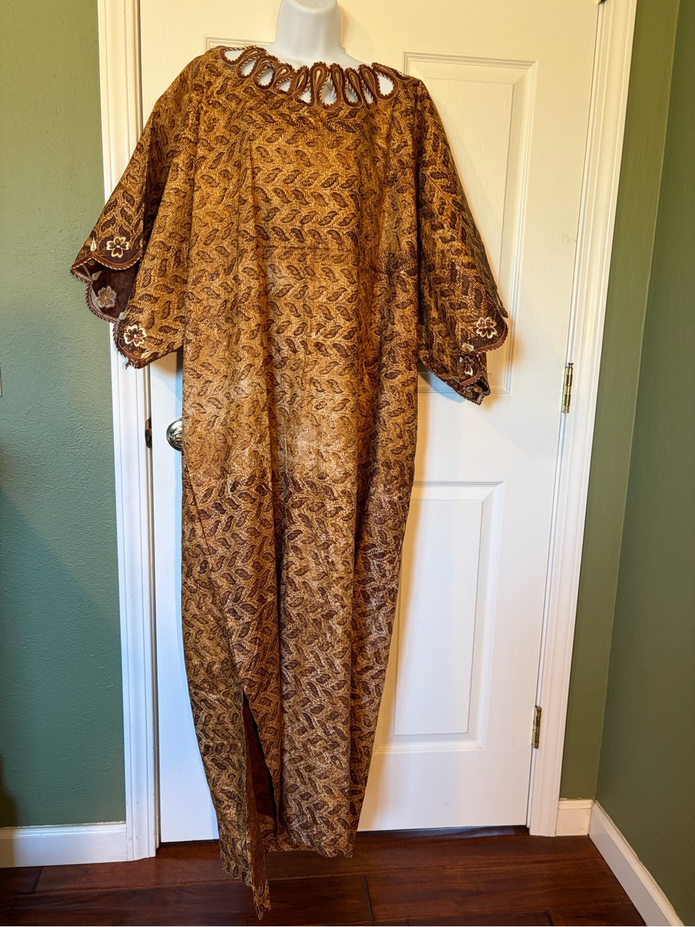 Brown Patterned Ethnic Maxi Dress with Cutout Neckline